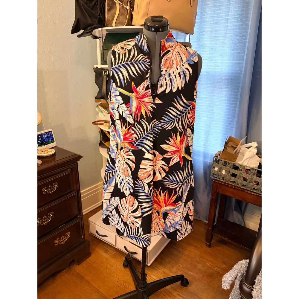 Tommy Bahama Golf Dress XL Black Tropical Floral Quarter Zip Sleeveless Preppy